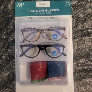 Youth Blue light Reader Glasses 2 Pack with 2 Cases NEW! W/ Cute Cases